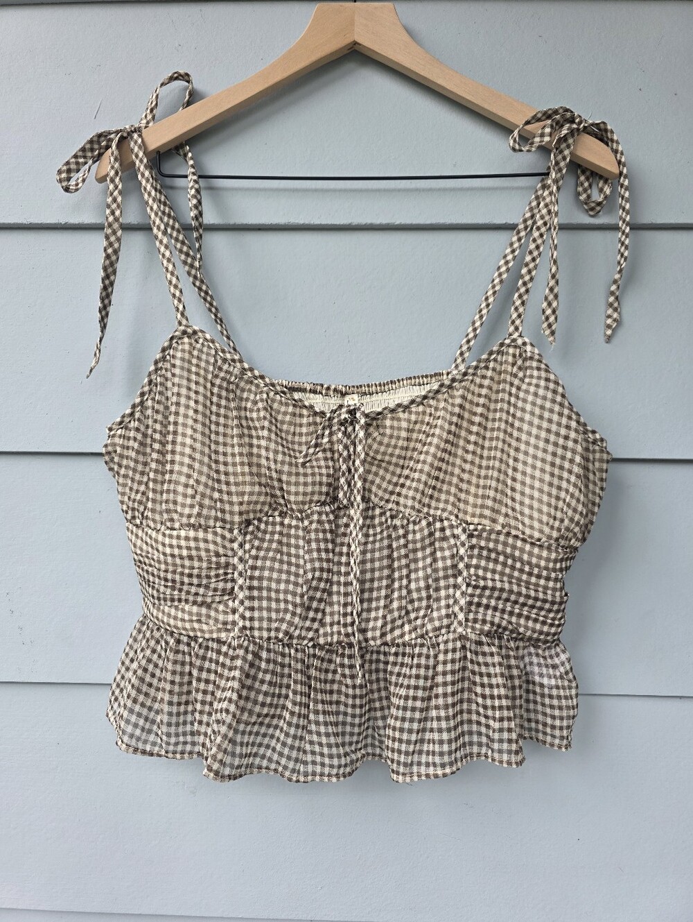 American Eagle Outfitters Women's L Brown/White Gingham Smocked Tie Cami Tank